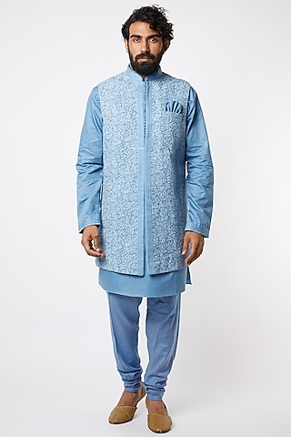 Light Blue Kurta Set With Bundi Jacket by Lalit Jalan