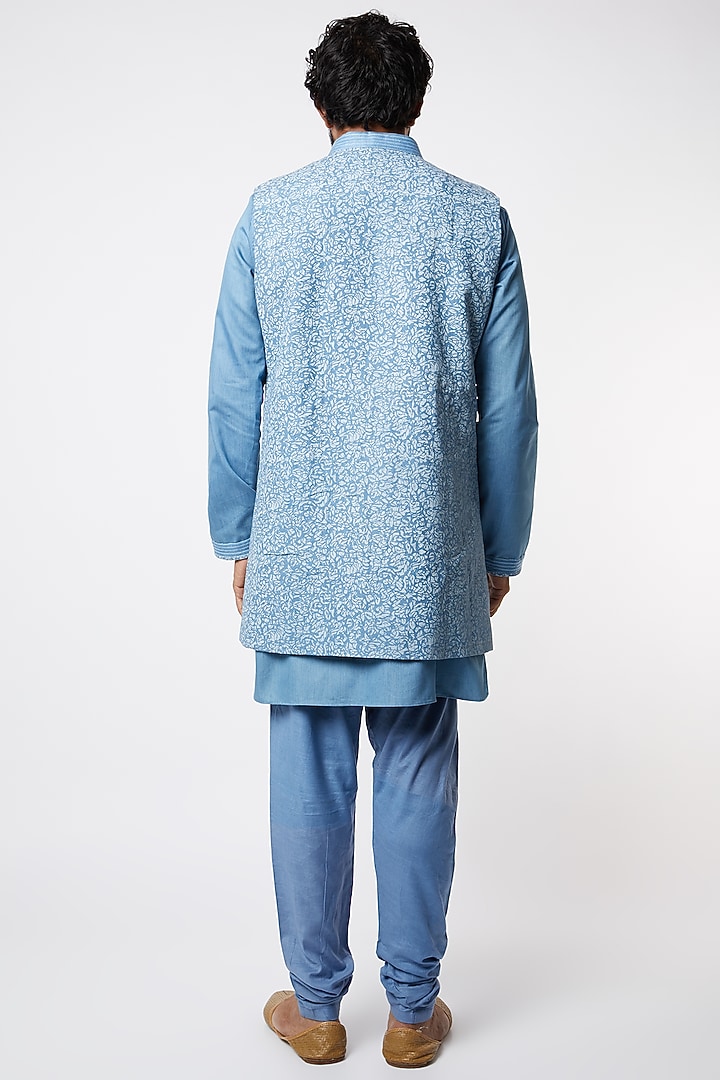 Light Blue Kurta Set With Bundi Jacket by Lalit Jalan at Pernia's Pop Up Shop