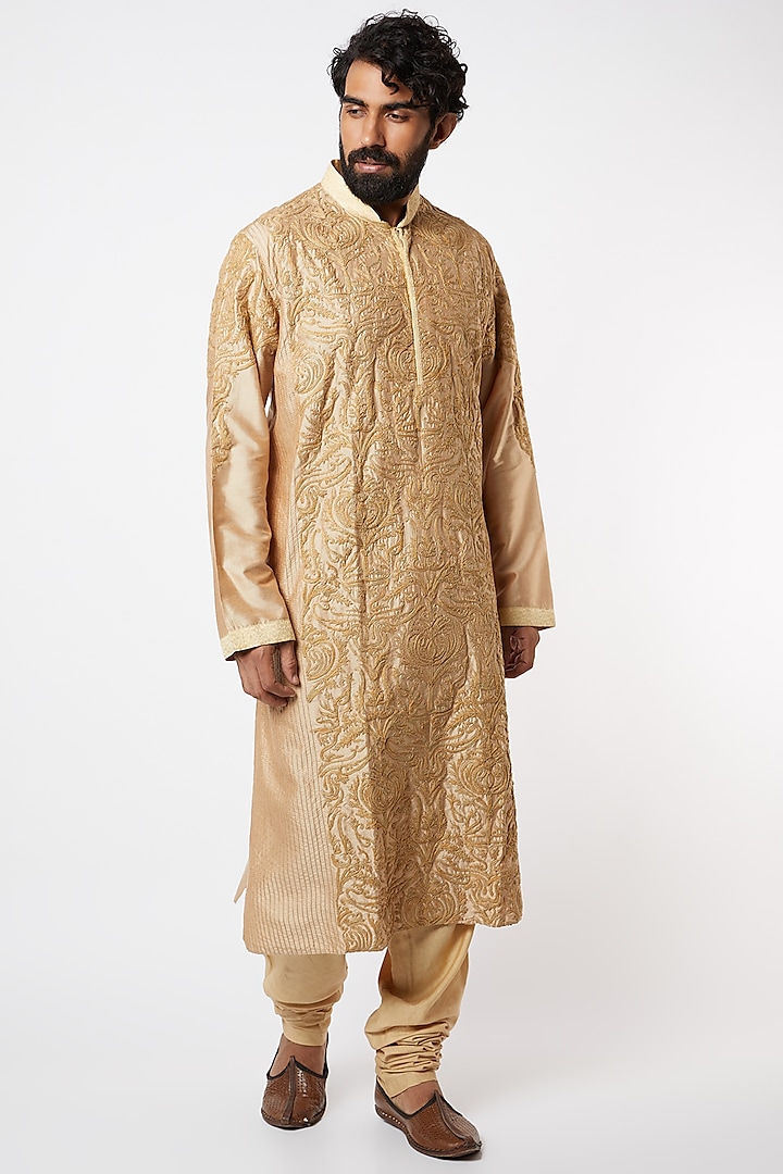 Beige Embroidered Kurta Set by Lalit Jalan at Pernia's Pop Up Shop