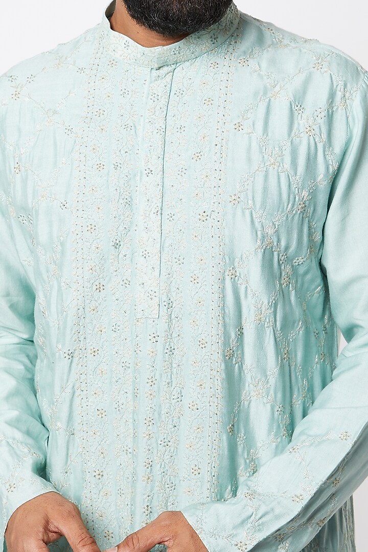 Powder Blue Embroidered Kurta Set by Lalit Jalan at Pernia's Pop Up Shop