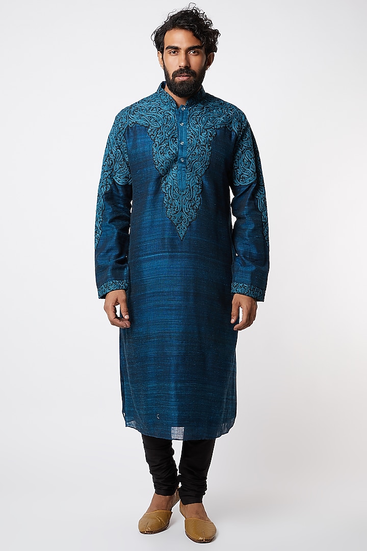 Blue Embroidered Kurta Set by Lalit Jalan