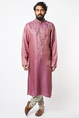 Onion Pink Hand Embroidered Kurta Set by Lalit Jalan
