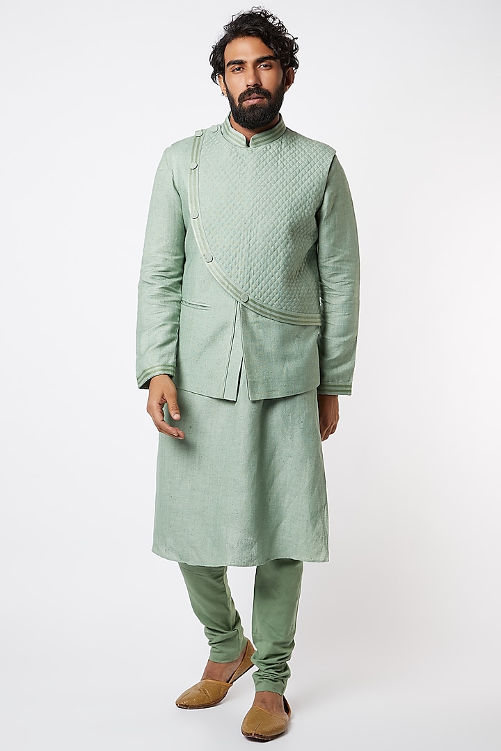 Green Kurta Set With Bundi Jacket by Lalit Jalan