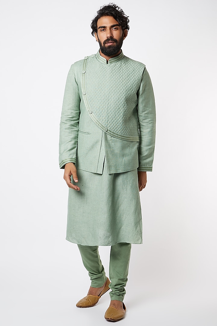 Green Kurta Set With Bundi Jacket by Lalit Jalan at Pernia's Pop Up Shop