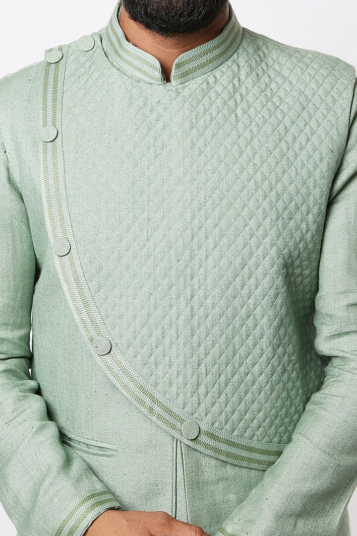 Green Kurta Set With Bundi Jacket by Lalit Jalan at Pernia's Pop Up Shop