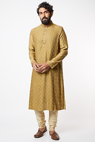 Beige Hand Embroidered Kurta Set by Lalit Jalan