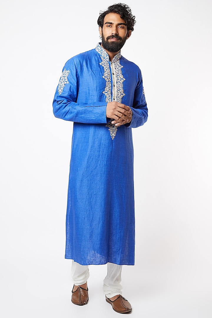 Royal Blue Hand Embroidered Kurta Set by Lalit Jalan at Pernia's Pop Up Shop