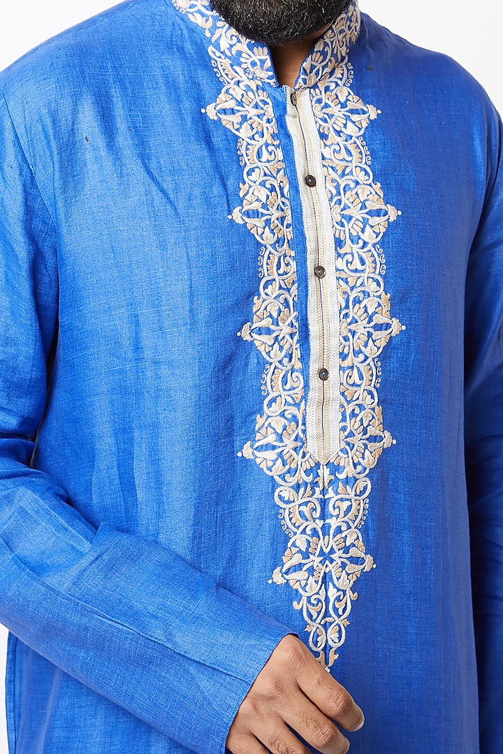 Royal Blue Hand Embroidered Kurta Set by Lalit Jalan at Pernia's Pop Up Shop