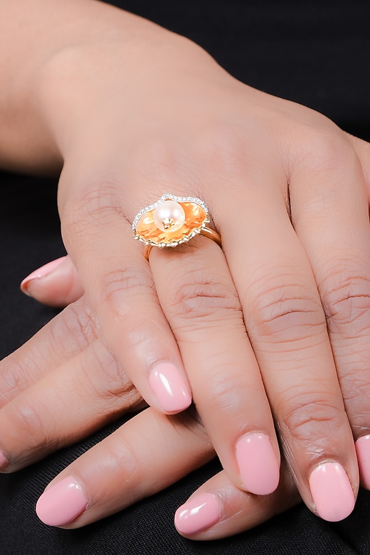 Two-Tone Finish Round-Shaped Diamond & Mother Of Pearl Ring by La marque M at Pernia's Pop Up Shop