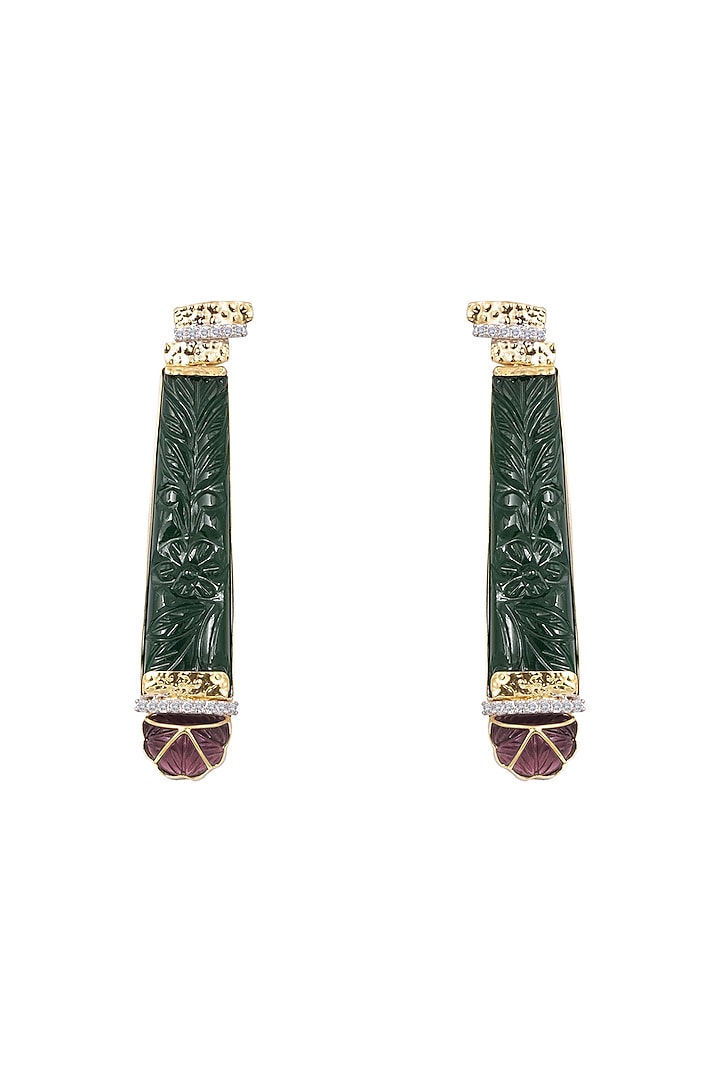 14kt Two-Tone Finish Carved Green Stone & Diamond Dangler Earrings by La marque M
