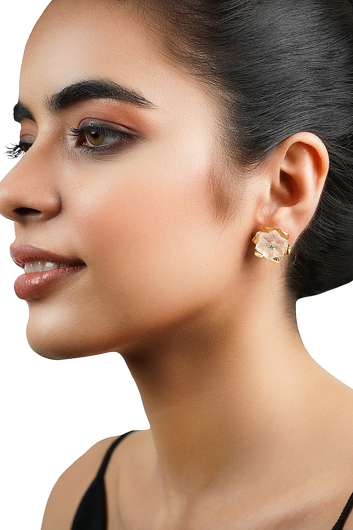 14kt Two-Tone Finish Rose Quartz & Diamond Stud Earrings by La marque M