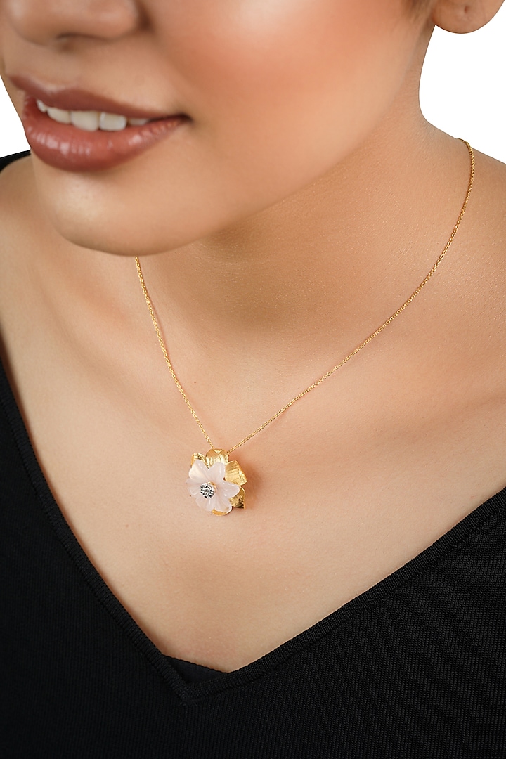 14kt Two-Tone Finish Rose Quartz & Diamond Pendant Necklace by La marque M