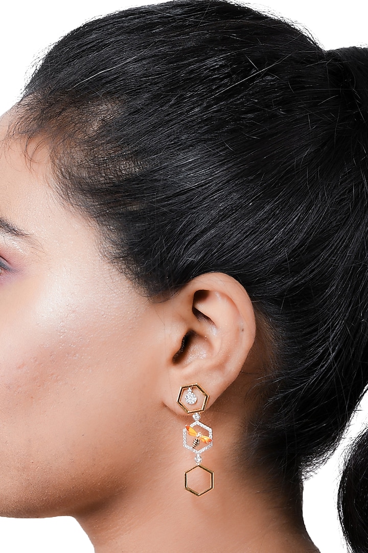 Two-Tone Finish Diamond Dangler Earrings by La marque M