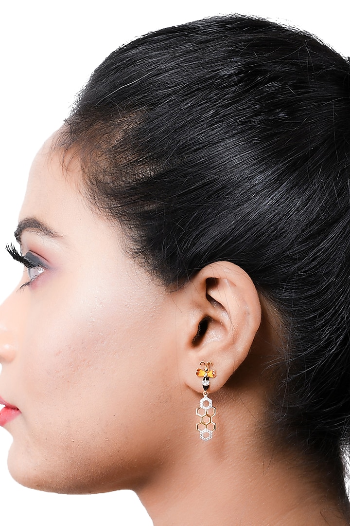 Two-Tone Finish Diamond Dangler Earrings by La marque M