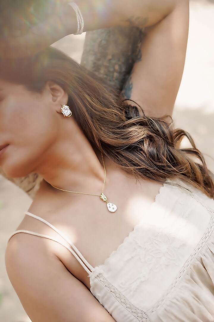 14kt Two-Tone Finish Pearl & Diamond Stud Earrings by La marque M at Pernia's Pop Up Shop