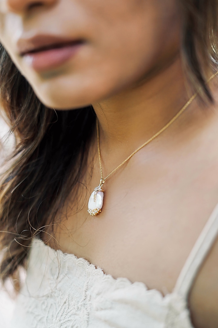 14kt Two-Tone Finish Diamond & Pearl Engraved Pendant Necklace by La marque M at Pernia's Pop Up Shop