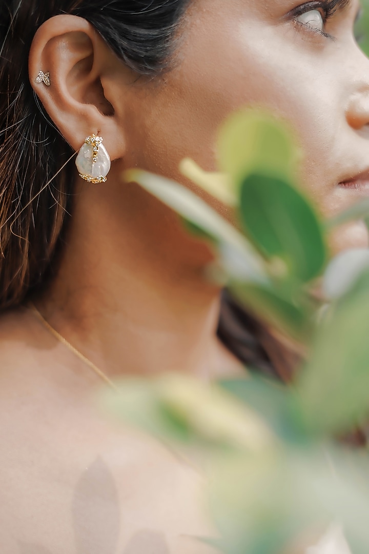 14kt Two-Tone Finish Pearl & Diamond Stud Earrings by La marque M at Pernia's Pop Up Shop