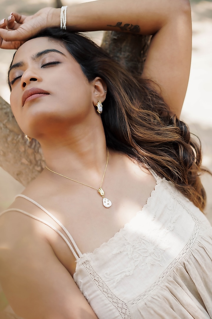 14kt Gold Finish Diamond & Pearl Pendant Necklace by La marque M at Pernia's Pop Up Shop