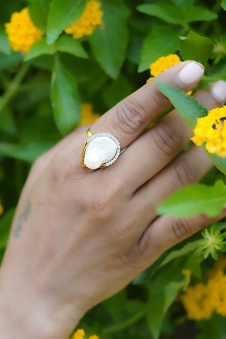 14kt Two-Tone Finish Diamond & Pearl Ring by La marque M at Pernia's Pop Up Shop