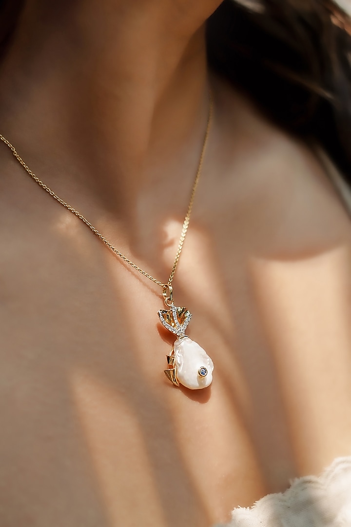 14kt Two-Tone Finish Diamond & Pearl Pendant Necklace by La marque M at Pernia's Pop Up Shop