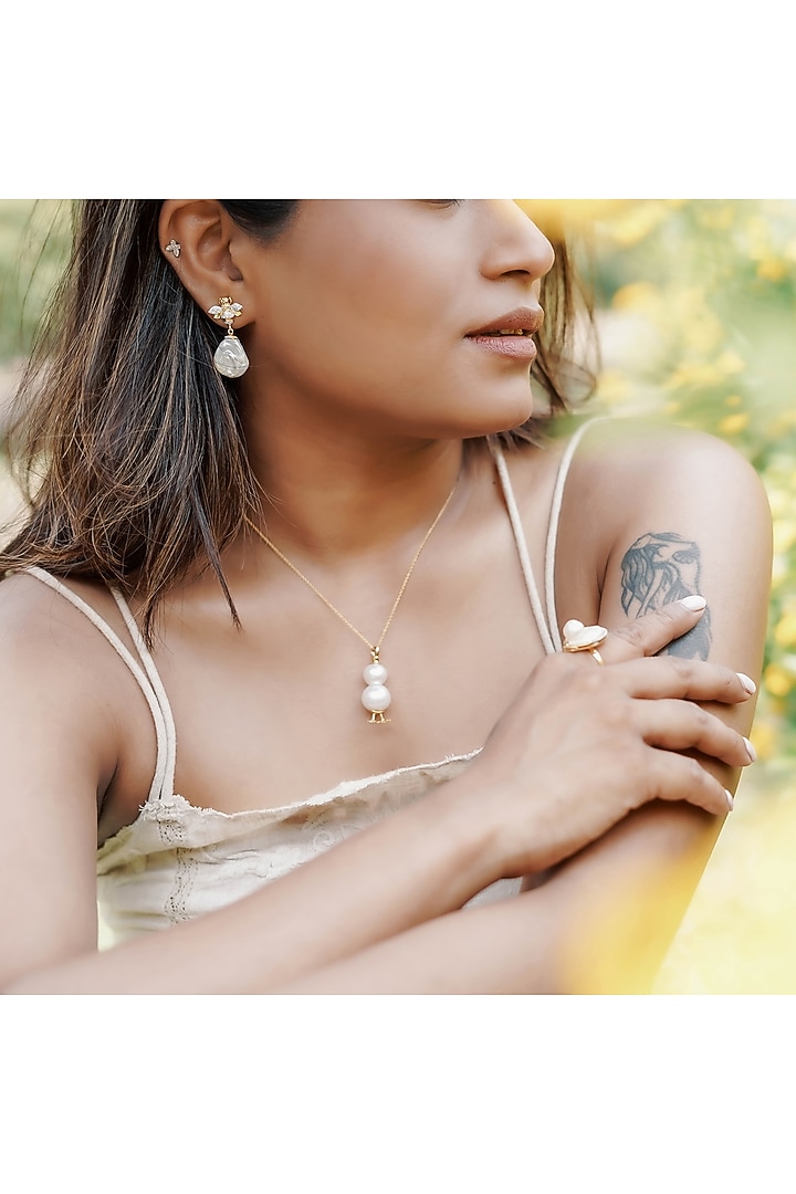 14kt Two-Tone Finish Pearl & Diamond Dangler Earrings by La marque M at Pernia's Pop Up Shop