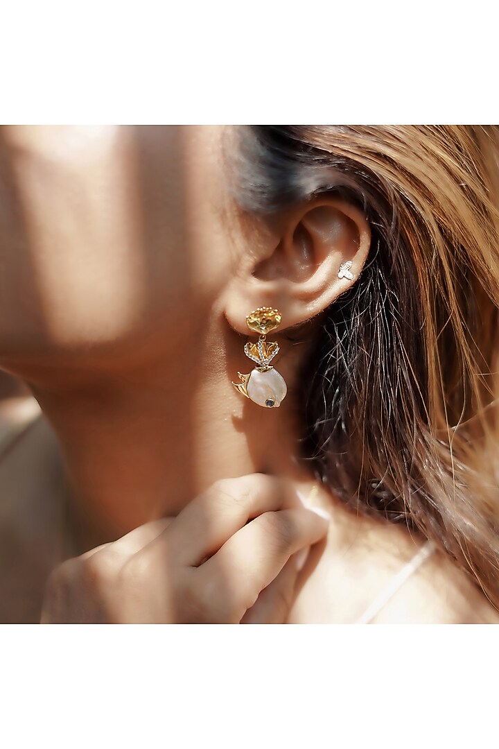 14kt Two-Tone Finish Pearl & Diamond Dangler Earrings by La marque M at Pernia's Pop Up Shop