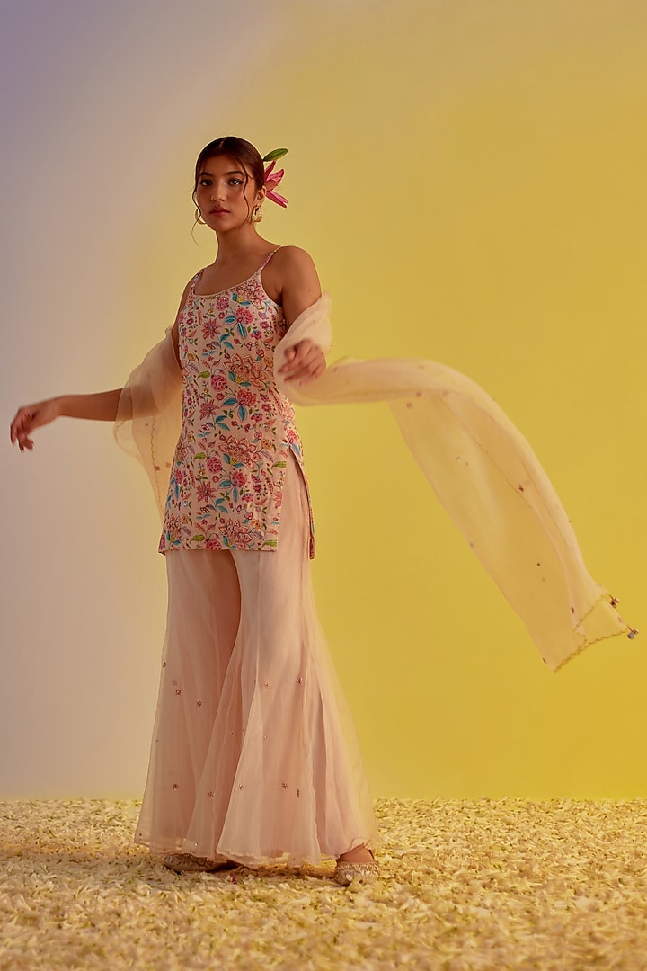 Light Pink Pure Organza Hand Embellished Party Wear Sharara Set by Label Mansi Nagdev at Pernia's Pop Up Shop