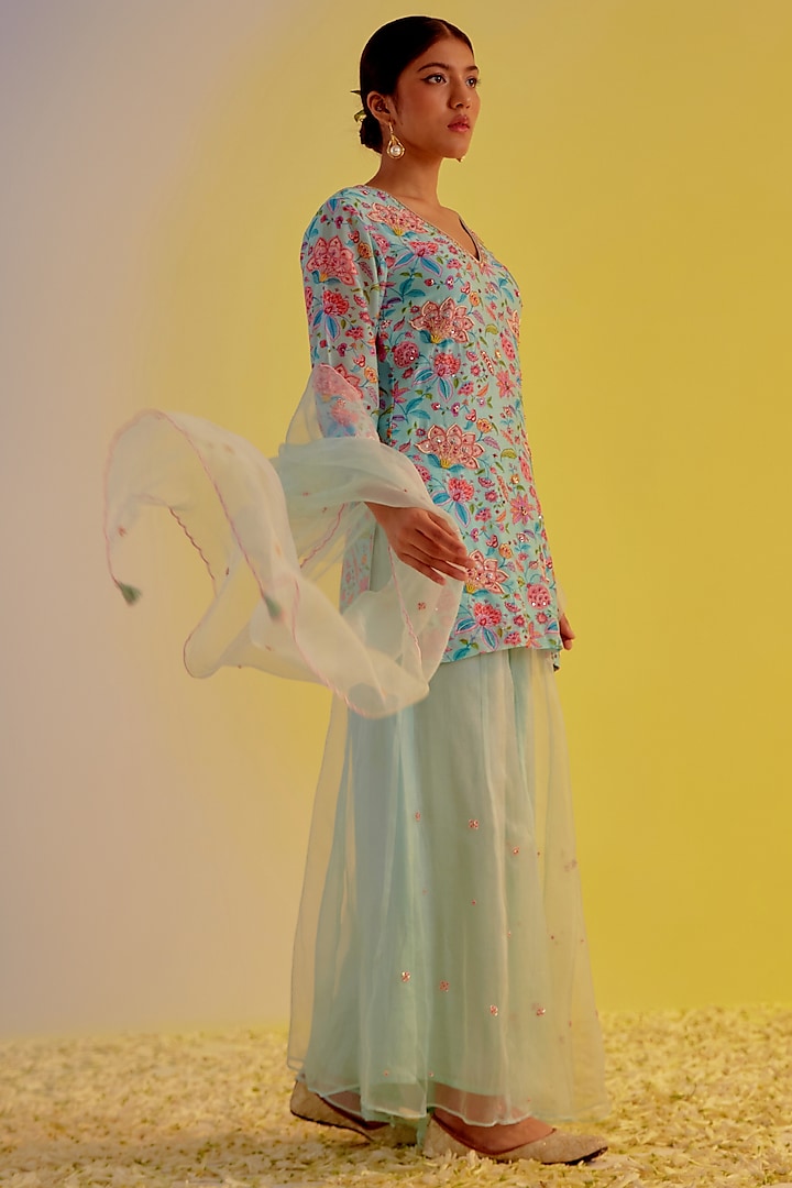 Light Blue Pure Organza Hand Embellished Sharara Set by Label Mansi Nagdev at Pernia's Pop Up Shop