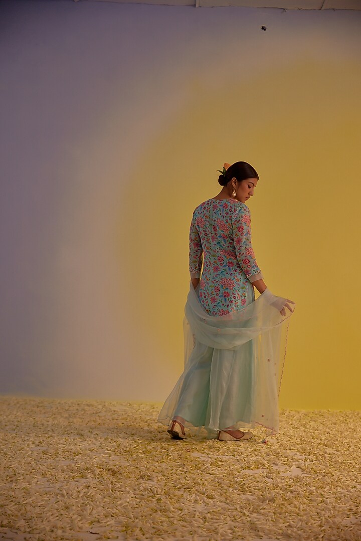 Light Blue Pure Organza Hand Embellished Party Wear Sharara Set by Label Mansi Nagdev at Pernia's Pop Up Shop