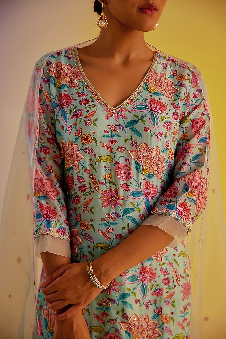 Light Blue Pure Organza Hand Embellished Party Wear Sharara Set by Label Mansi Nagdev at Pernia's Pop Up Shop