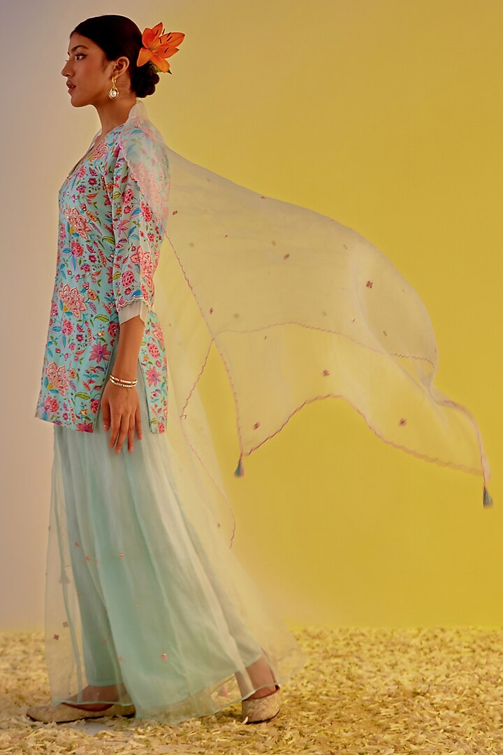 Light Blue Pure Organza Hand Embellished Party Wear Sharara Set by Label Mansi Nagdev at Pernia's Pop Up Shop