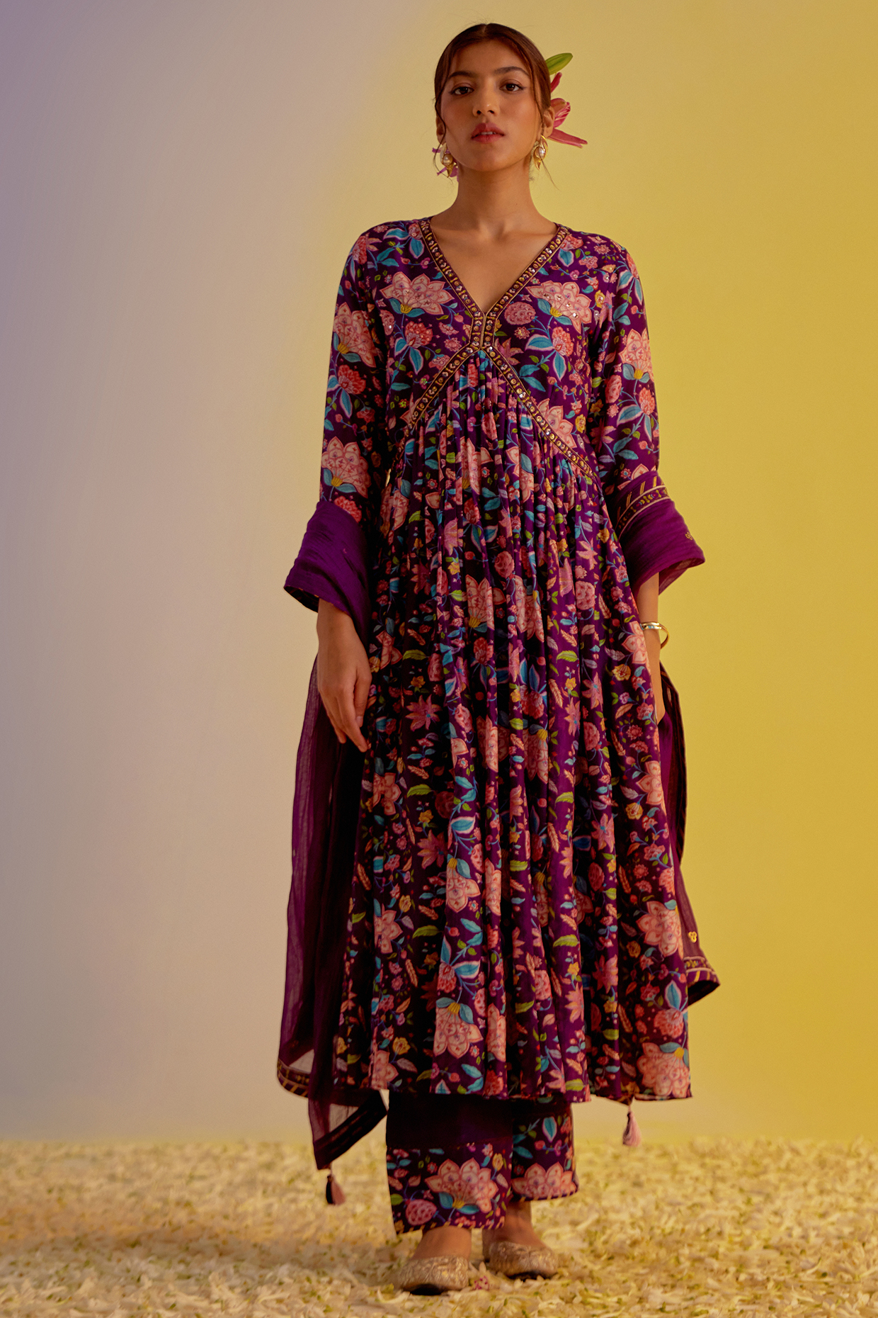 Purple Chanderi Hand Embroidered & Digital Printed Party Wear Anarkali Set by Label Mansi Nagdev at Pernia's Pop Up Shop
