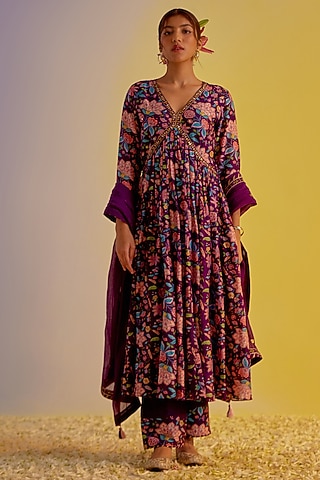 Purple Chanderi Hand Embroidered & Digital Printed Anarkali Set by Label Mansi Nagdev