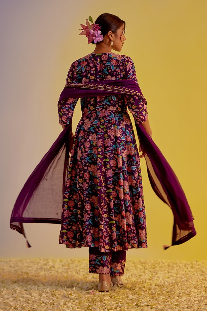 Purple Chanderi Hand Embroidered & Digital Printed Party Wear Anarkali Set by Label Mansi Nagdev at Pernia's Pop Up Shop