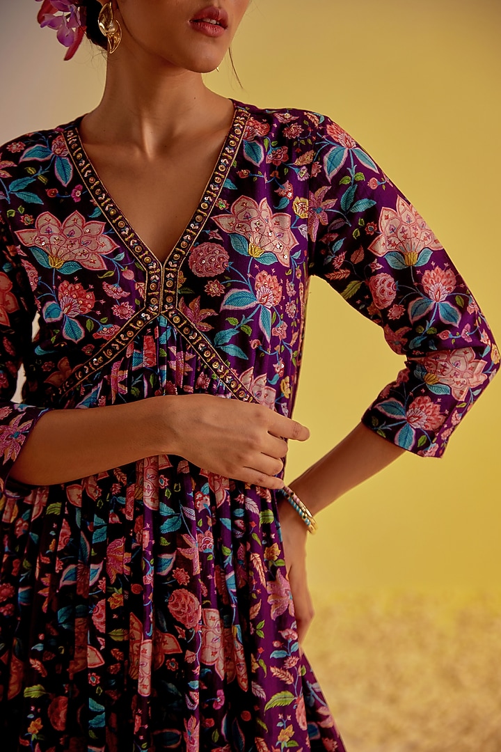 Purple Chanderi Hand Embroidered & Digital Printed Party Wear Anarkali Set by Label Mansi Nagdev at Pernia's Pop Up Shop
