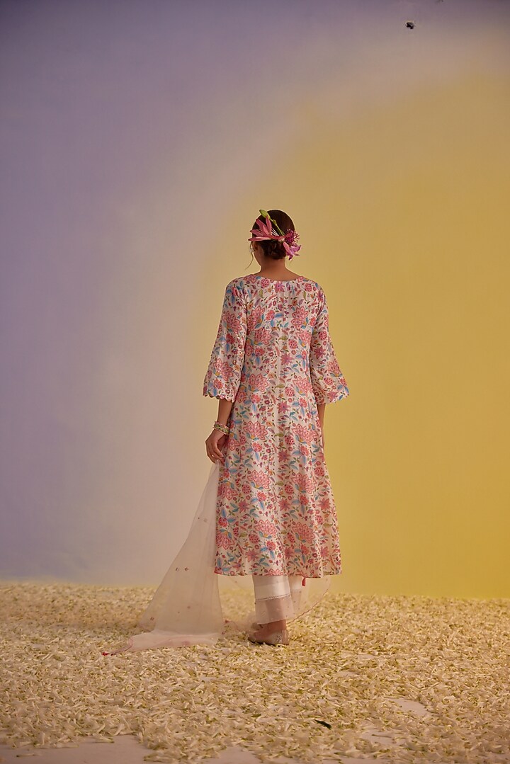 Ivory Chanderi Hand Embroidered & Digital Printed Party Wear Anarkali Set by Label Mansi Nagdev at Pernia's Pop Up Shop