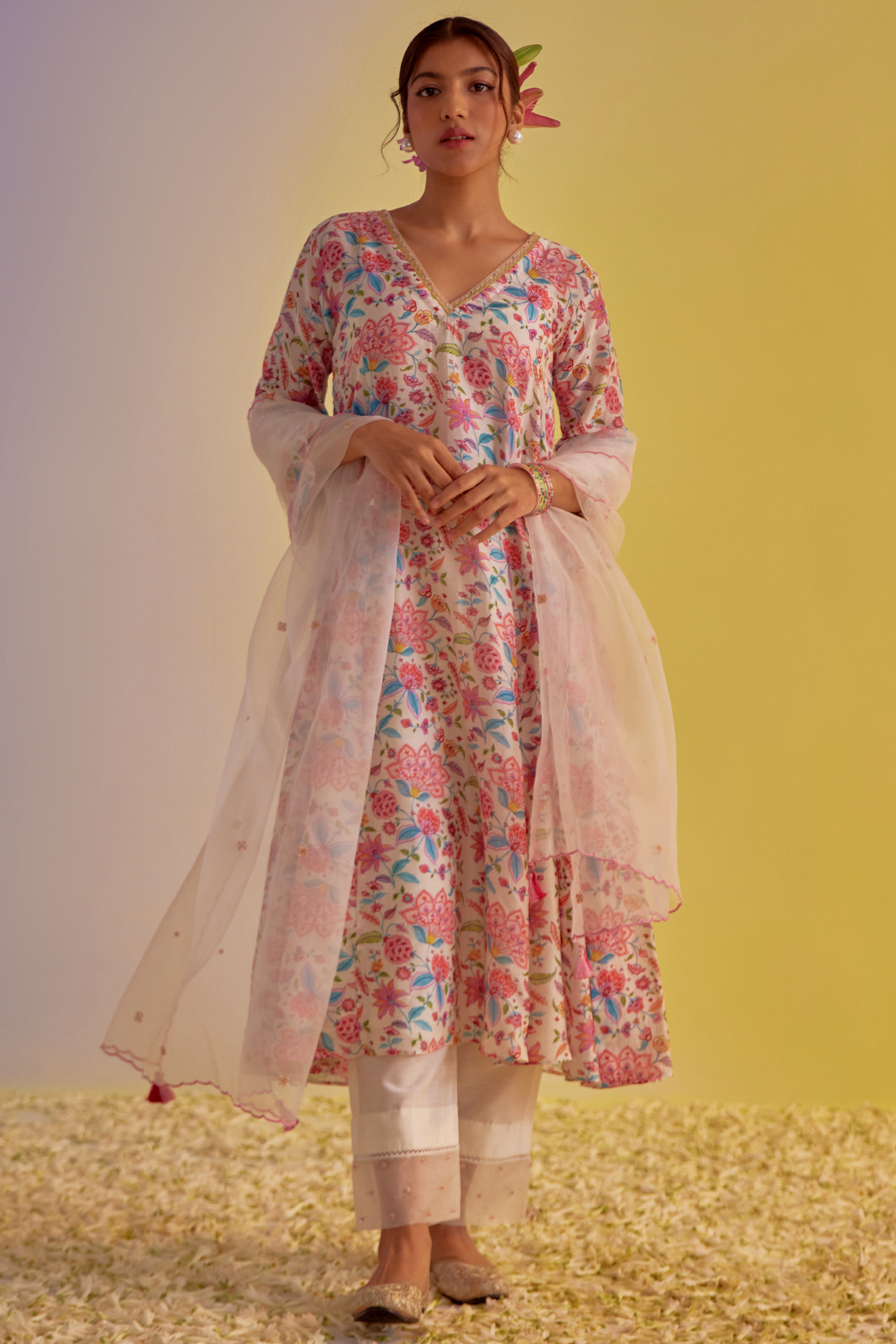 Ivory Chanderi Hand Embroidered & Digital Printed A-Line Kurta Set by Label Mansi Nagdev at Pernia's Pop Up Shop