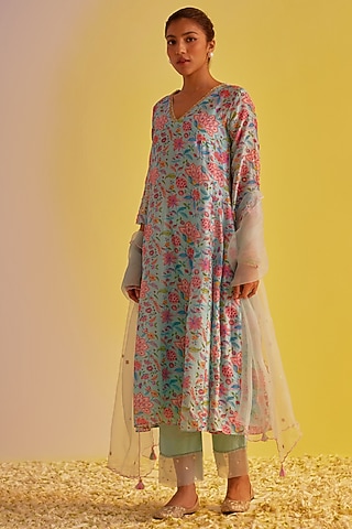 Light Blue Chanderi Hand Embroidered & Digital Printed A-Line Kurta Set by Label Mansi Nagdev