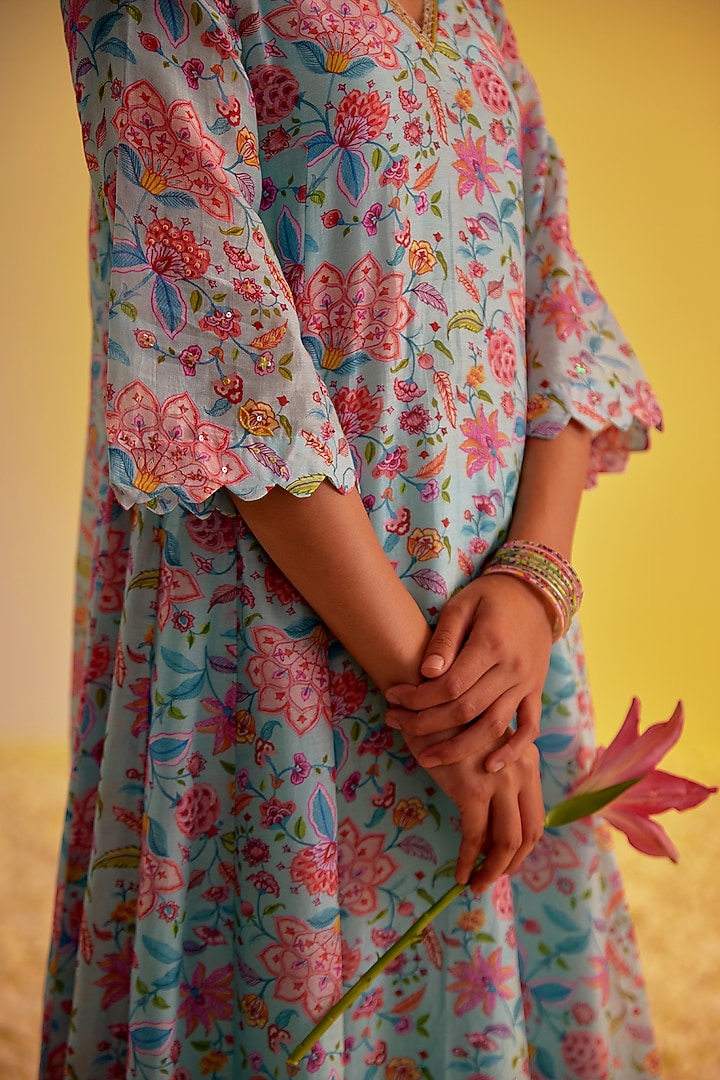 Light Blue Chanderi Hand Embroidered & Digital Printed A-Line Kurta Set by Label Mansi Nagdev at Pernia's Pop Up Shop