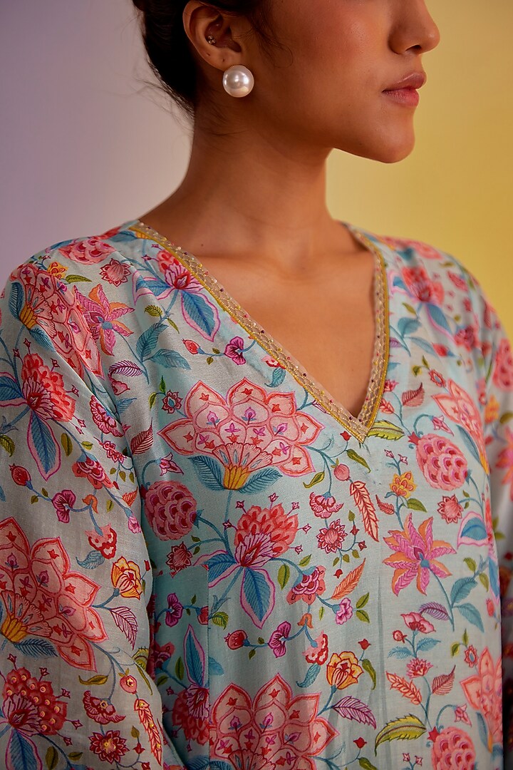Light Blue Chanderi Hand Embroidered & Digital Printed A-Line Kurta Set by Label Mansi Nagdev at Pernia's Pop Up Shop