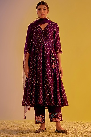 Purple Chanderi Hand Embroidered & Digital Printed Angrakha Anarkali Set by Label Mansi Nagdev