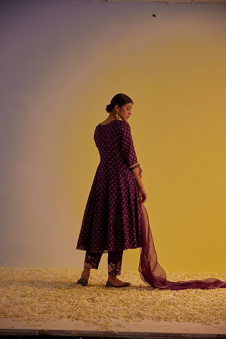 Purple Chanderi Hand Embroidered & Digital Printed Angrakha Party Wear Anarkali Set by Label Mansi Nagdev at Pernia's Pop Up Shop