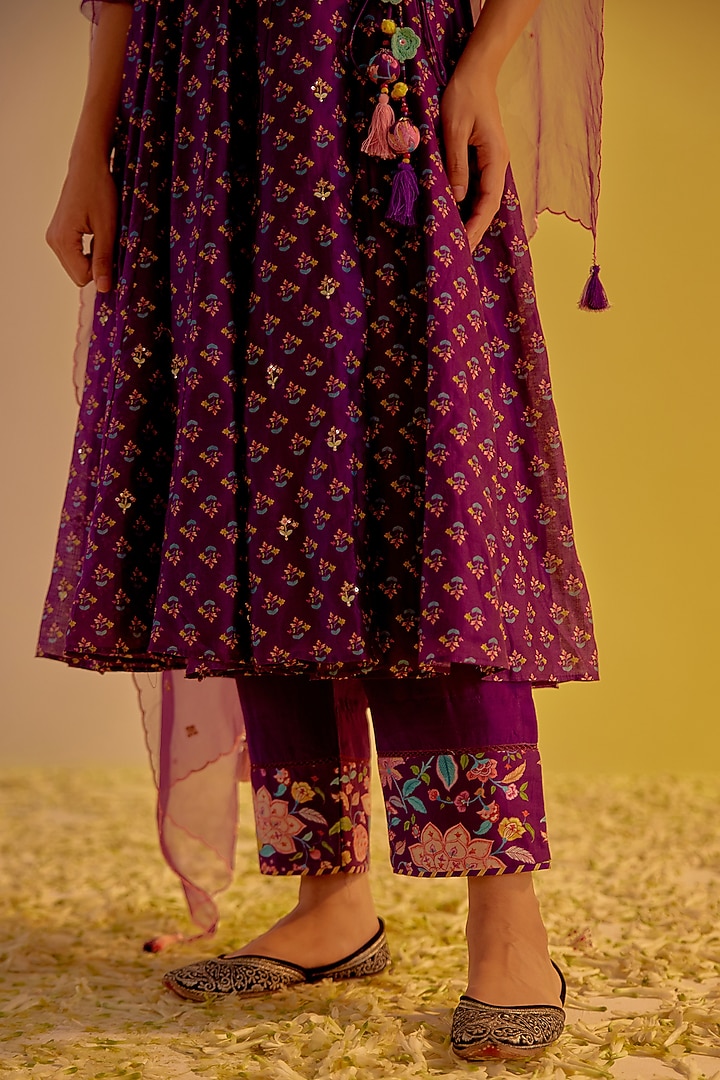 Purple Chanderi Hand Embroidered & Digital Printed Angrakha Party Wear Anarkali Set by Label Mansi Nagdev at Pernia's Pop Up Shop