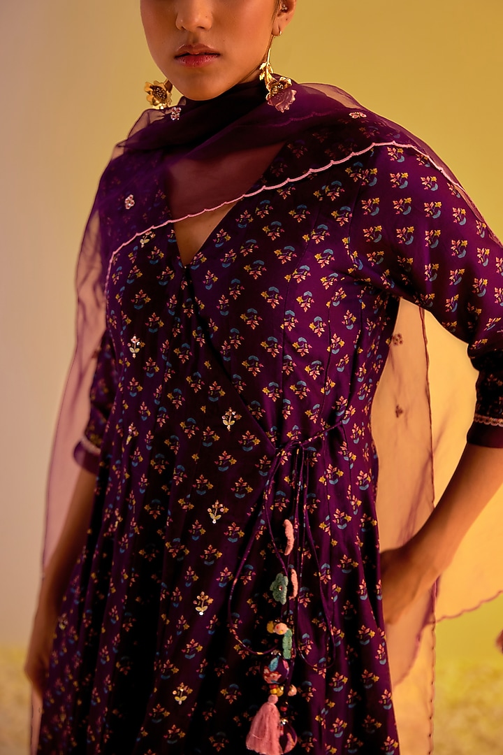 Purple Chanderi Hand Embroidered & Digital Printed Angrakha Party Wear Anarkali Set by Label Mansi Nagdev at Pernia's Pop Up Shop
