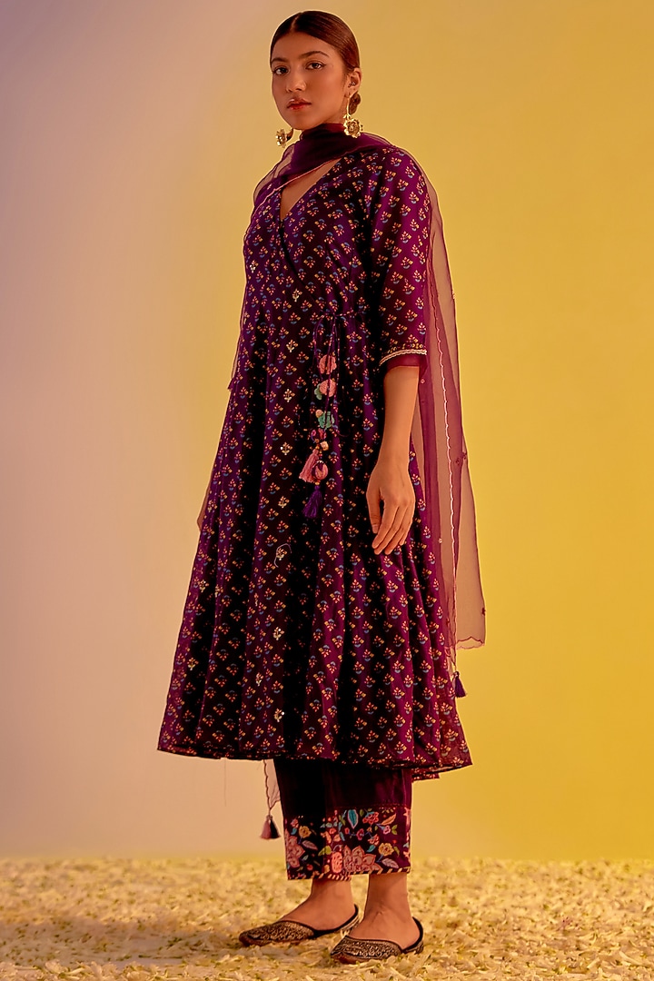 Purple Chanderi Hand Embroidered & Digital Printed Angrakha Party Wear Anarkali Set by Label Mansi Nagdev at Pernia's Pop Up Shop