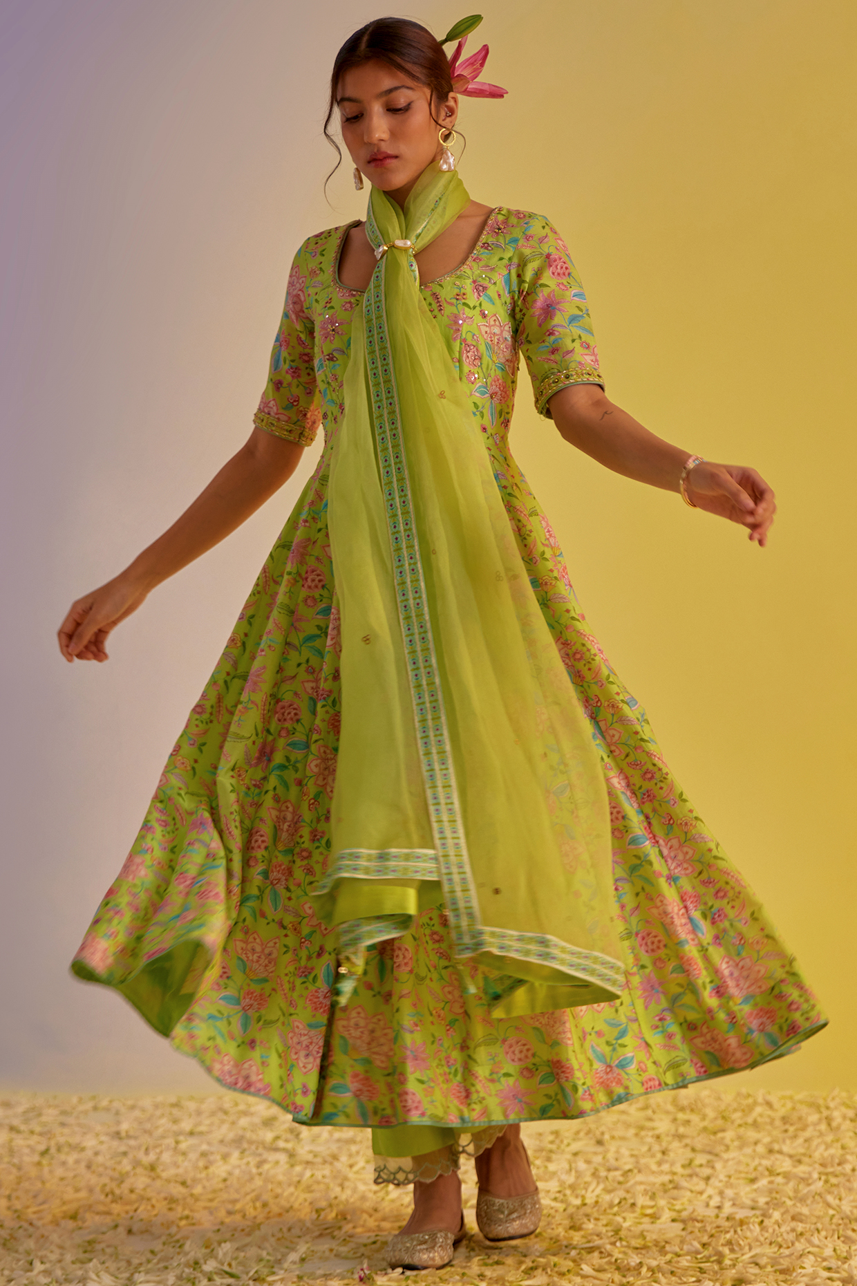 Green Chanderi Digital Printed & Hand Embroidered Anarkali Set by Label Mansi Nagdev