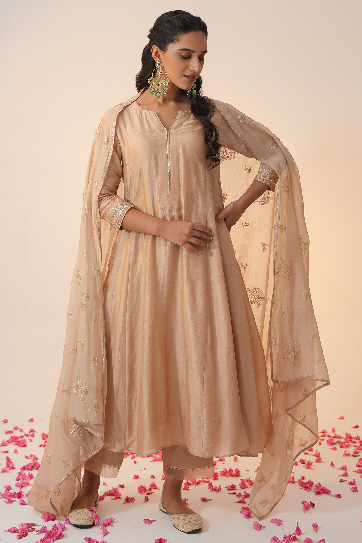 Gold Cotton Silk Block Printed & Hand Embroidered A-Line Kurta Set by Label Mansi Nagdev at Pernia's Pop Up Shop