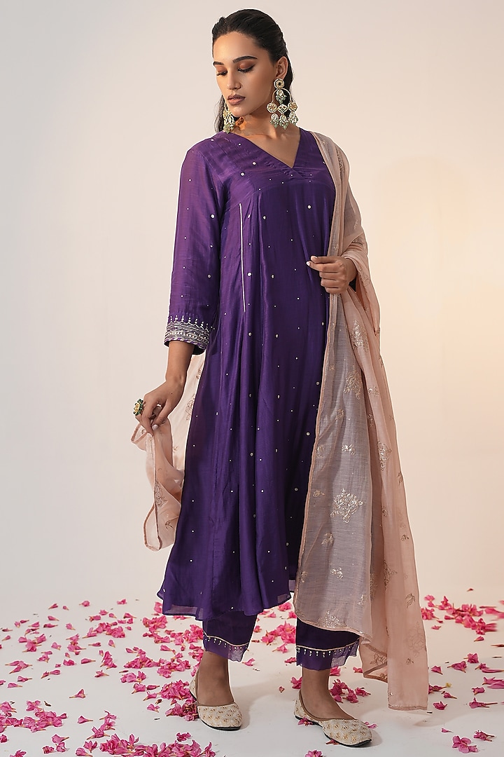 Purple Cotton Silk Block Printed & Hand Embroidered A-Line Kurta Set by Label Mansi Nagdev
