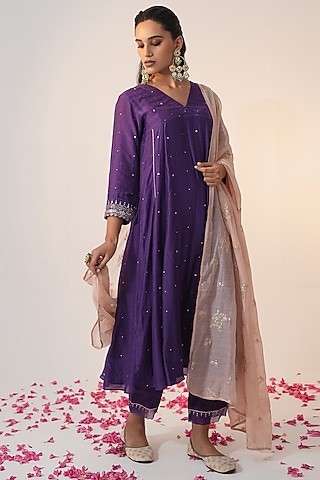 Purple Cotton Silk Block Printed & Hand Embroidered A-Line Kurta Set by Label Mansi Nagdev