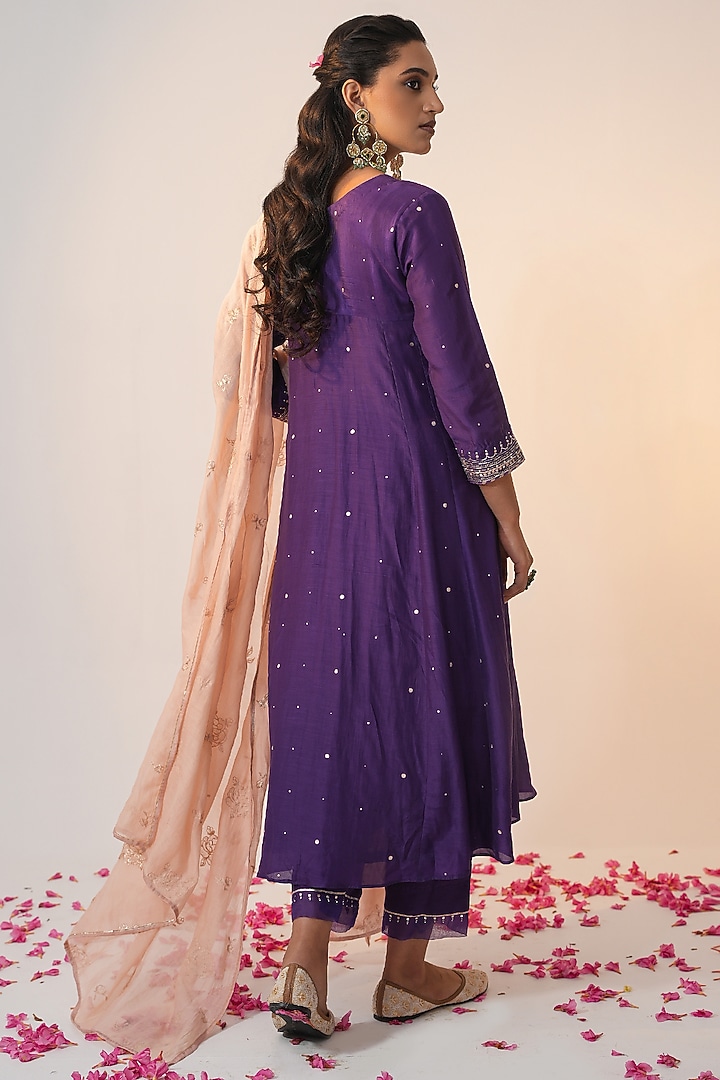 Purple Cotton Silk Block Printed & Hand Embroidered A-Line Kurta Set by Label Mansi Nagdev at Pernia's Pop Up Shop